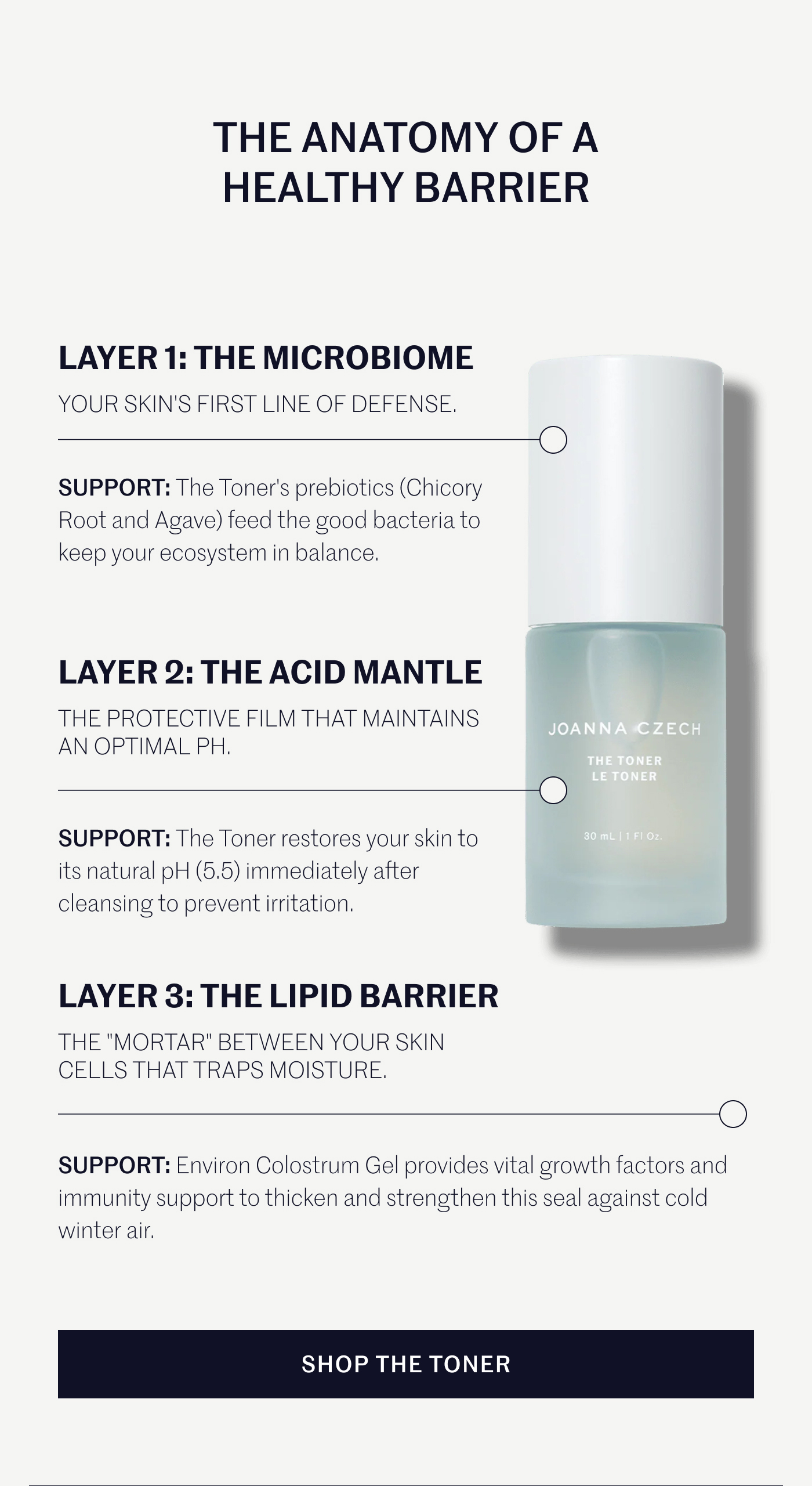 THE ANATOMY OF A HEALTHY BARRIER  LAYER 1: THE MICROBIOME YOUR SKIN’S FIRST LINE OF DEFENSE.  SUPPORT: The Toner’s prebiotics (Chicory Root and Agave) feed the good bacteria to keep your ecosystem in balance.  LAYER 2: THE ACID MANTLE THE PROTECTIVE FILM THAT MAINTAINS AN OPTIMAL PH.  SUPPORT: The Toner restores your skin to its natural pH (5.5) immediately after cleansing to prevent irritation.  LAYER 3: THE LIPID BARRIER THE “MORTAR” BETWEEN YOUR SKIN CELLS THAT TRAPS MOISTURE.  SUPPORT: Environ Colostrum Gel provides vital growth factors and immunity support to thicken and strengthen this seal against cold winter air.  SHOP THE TONER