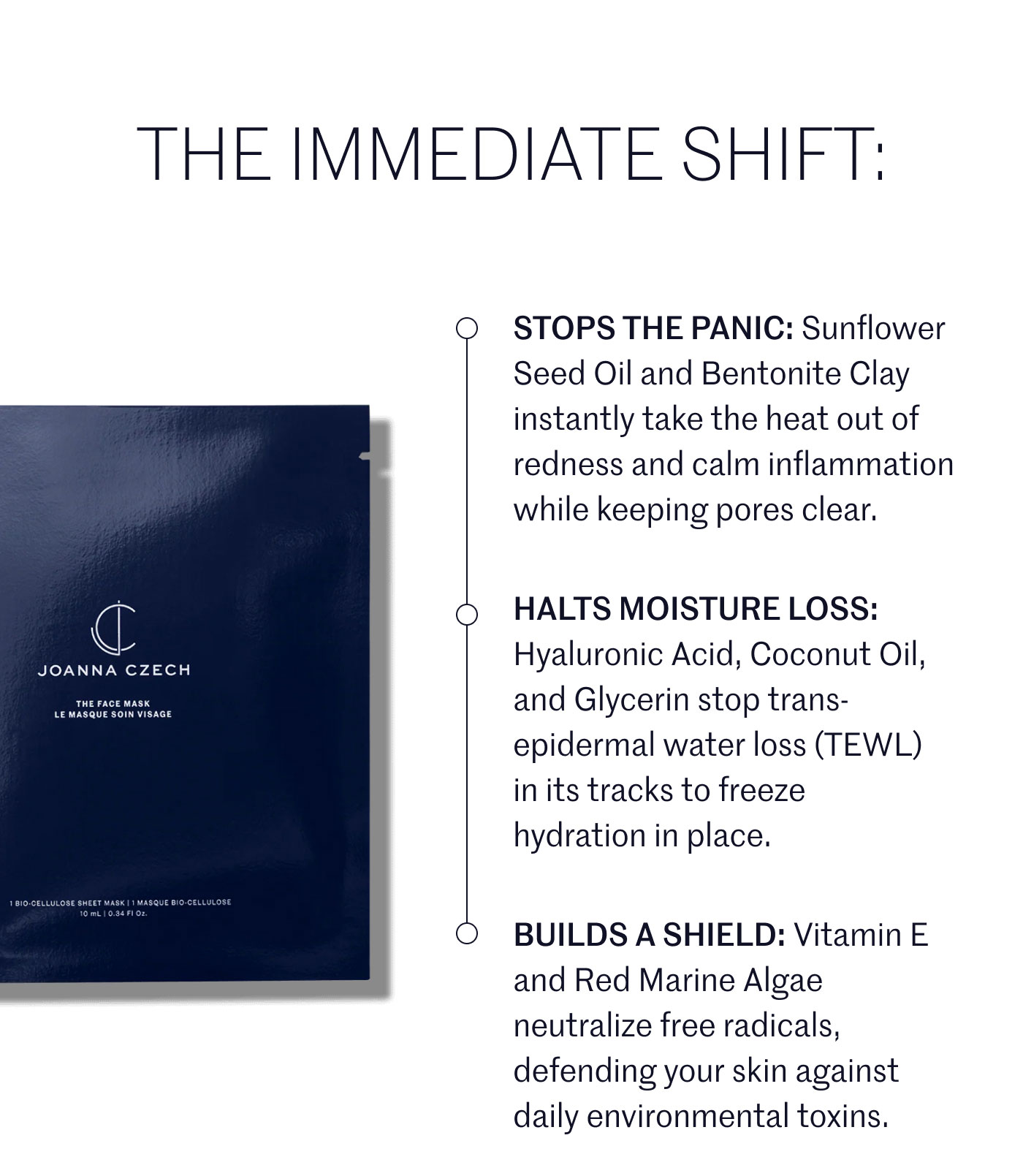 THE IMMEDIATE SHIFT:  STOPS THE PANIC: Sunflower Seed Oil and Bentonite Clay instantly take the heat out of redness and calm inflammation while keeping pores clear.  HALTS MOISTURE LOSS: Hyaluronic Acid, Coconut Oil, and Glycerin stop trans-epidermal water loss (TEWL) in its tracks to freeze hydration in place.  BUILDS A SHIELD: Vitamin E and Red Marine Algae neutralize free radicals, defending your skin against daily environmental toxins.