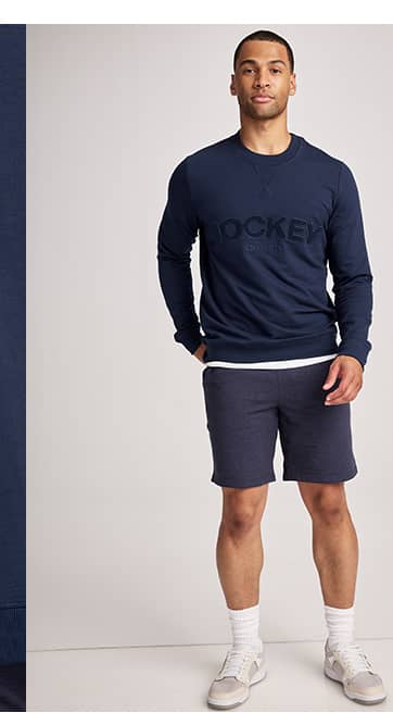 cotton blend fleece crew neck image on model in color 'jockey blue'