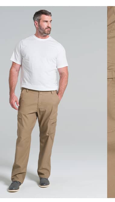 cargo pant image on model in color 'dusty mud'