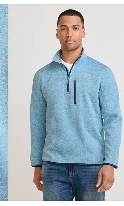 sweater fleece image on model in color 'coastline heather'