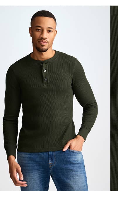 long sleeve waffle henley image on model in color 'mire green'