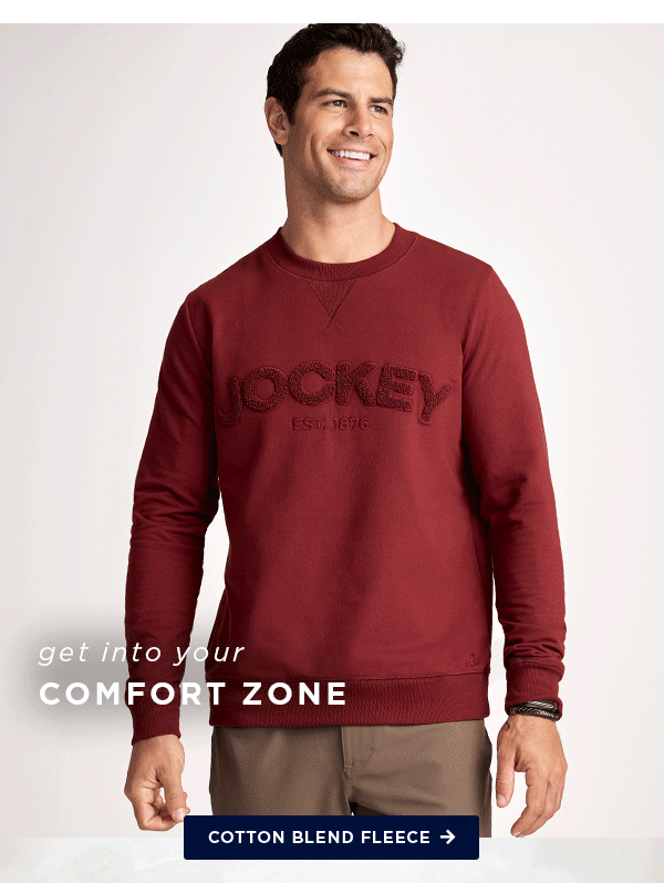 hero image of model wearing cotton blend fleece in new color get into your comfort zone / shop cotton blend fleece