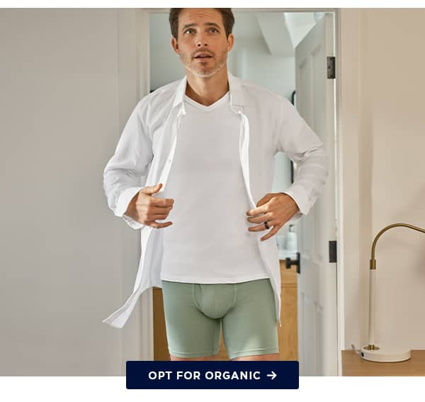 organic cotton stretch on model image / shop now
