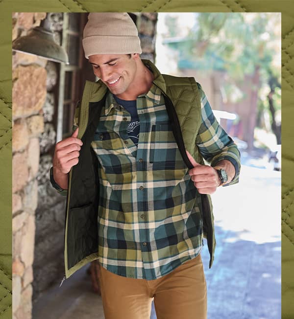 Male model in Jockey flannel and quilted vest