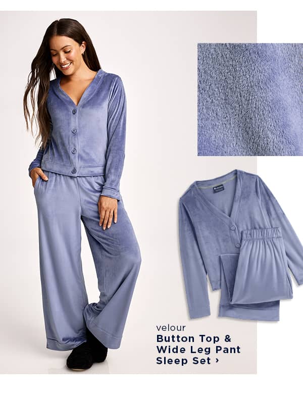 shop velour button top and wide leg pant sleep set