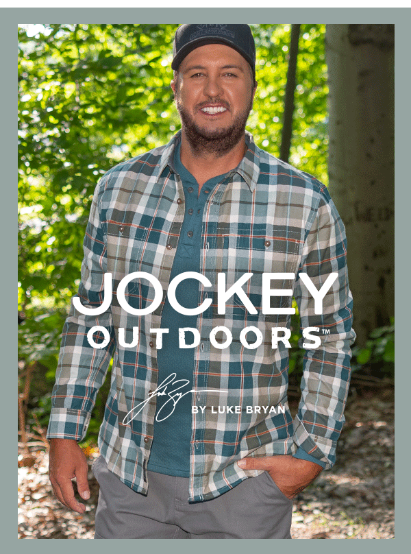 detail image of Luke Bryan wearing Jockey Outdoors™ apparel with this writing over it: Jockey Outdoors™ by Luke Bryan