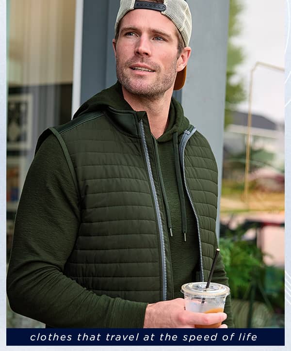 men's everactive hero image on model / clothes that travel at the speed of life