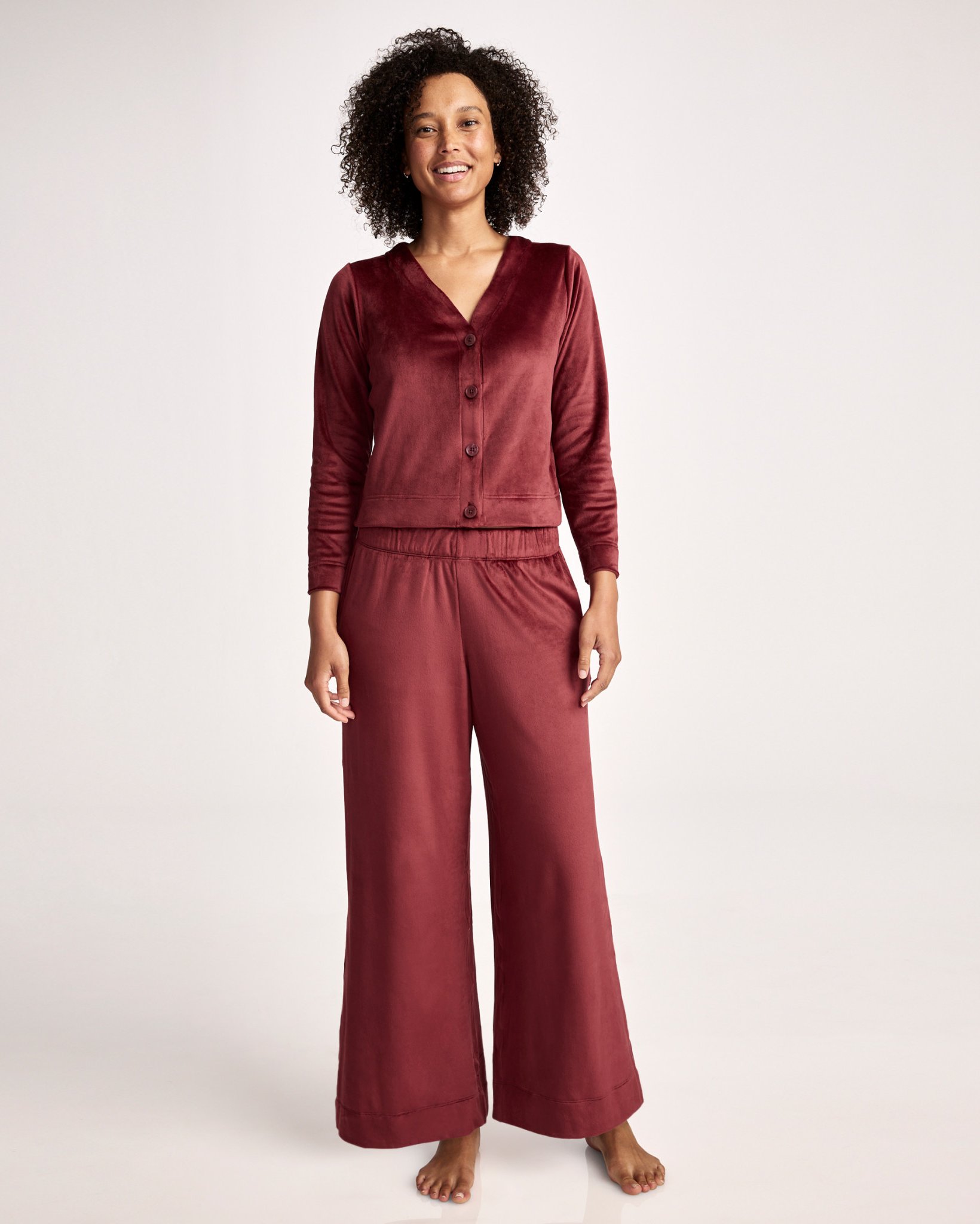 Velour Button Top and Wide Leg Pant Sleep Set