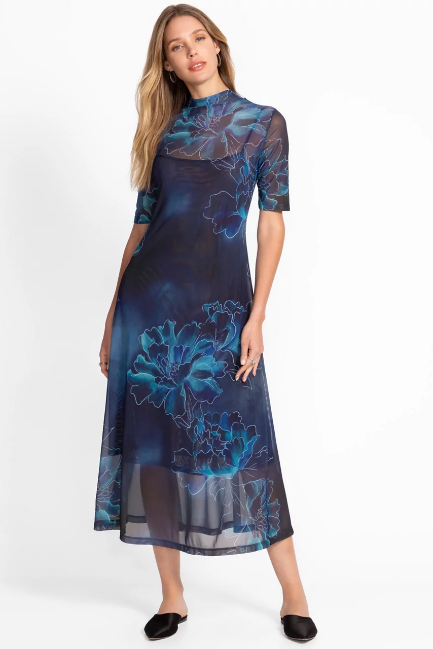 3/4 SLEEVE MOCK NECK MESH DRESS