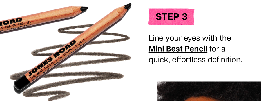 Jones Road Mini Best Pencil eyeliner shown with swatches and text about effortless eye definition.