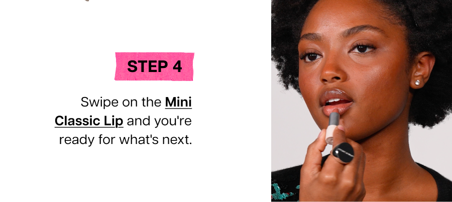 Model applying Jones Road Mini Classic Lip product with text about completing a quick travel-ready look.