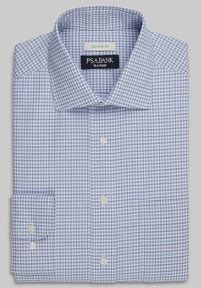 Traveler® Collection Tailored Fit Spread Collar Plaid Dress Shirt CLEARANCE