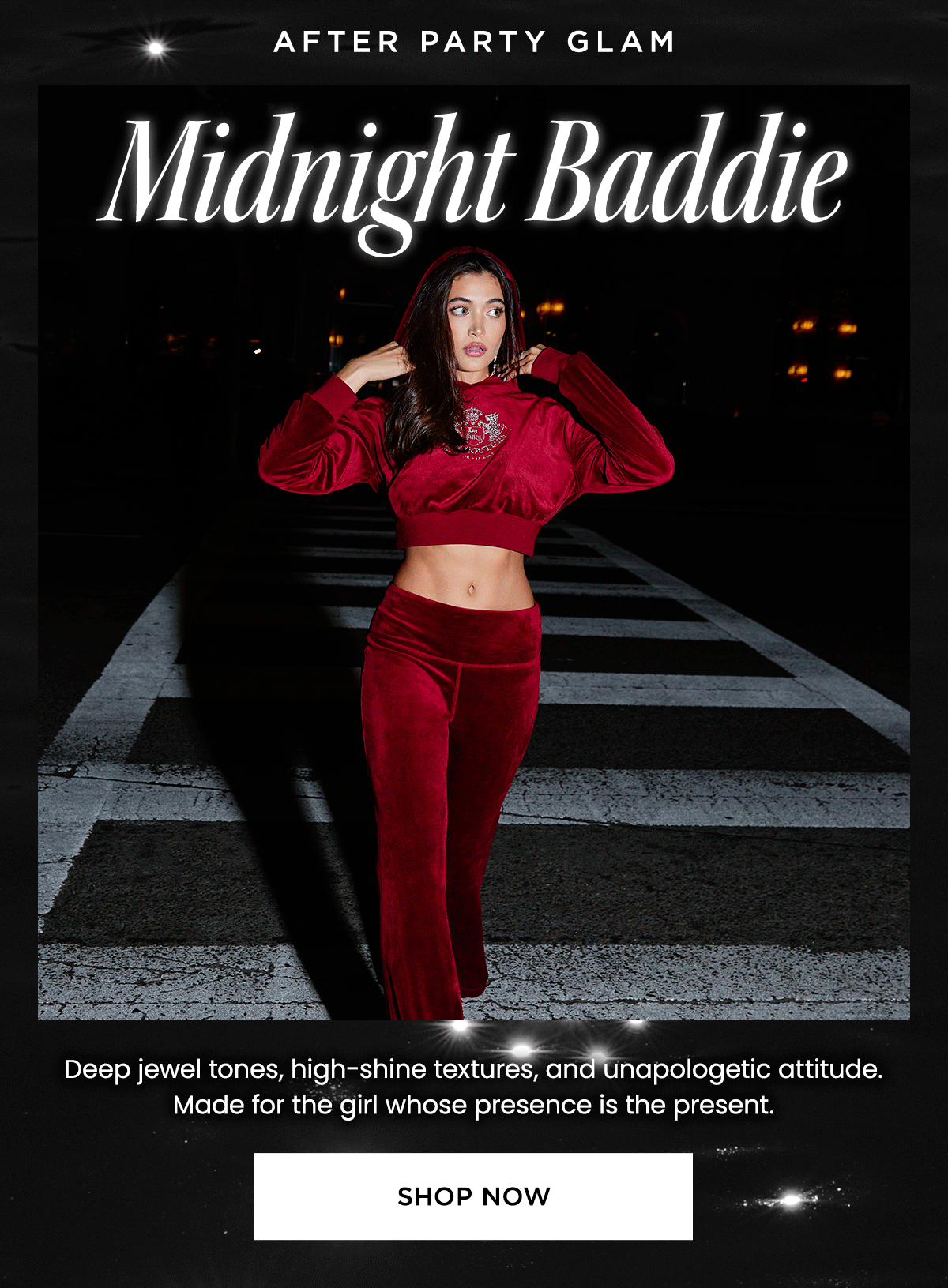 After Party Glam: Midnight Baddie | Deep jewel tones, high shine textures, and unapologetic attitude. Made for the girl whose presence is the present. | Shop Now