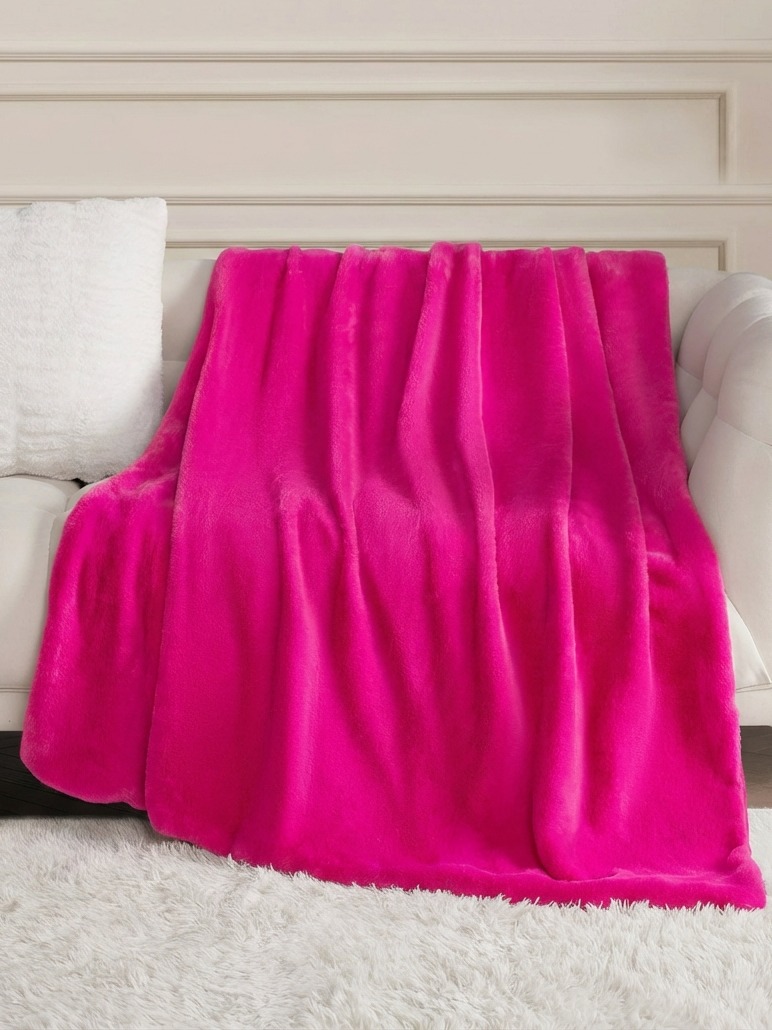Solid Rabbit Mink Faux Fur Throw Blanket in Hot Pink