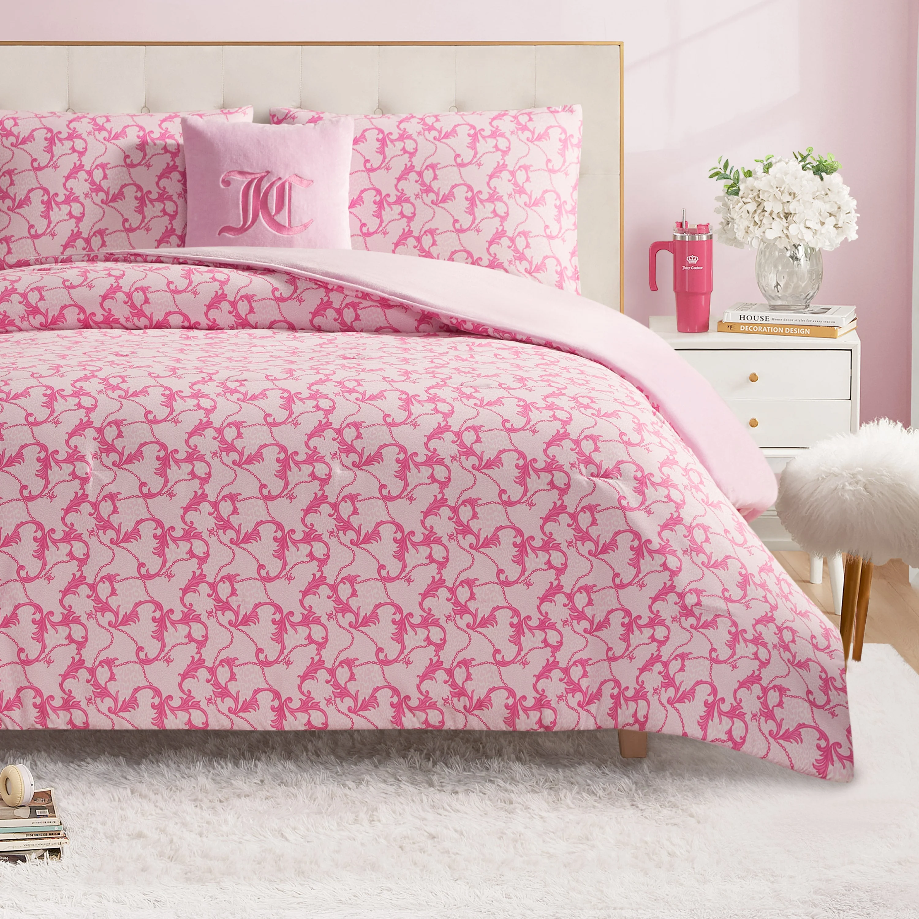 Image of Solid Plush Reversible Cheetah Bows Comforter Set