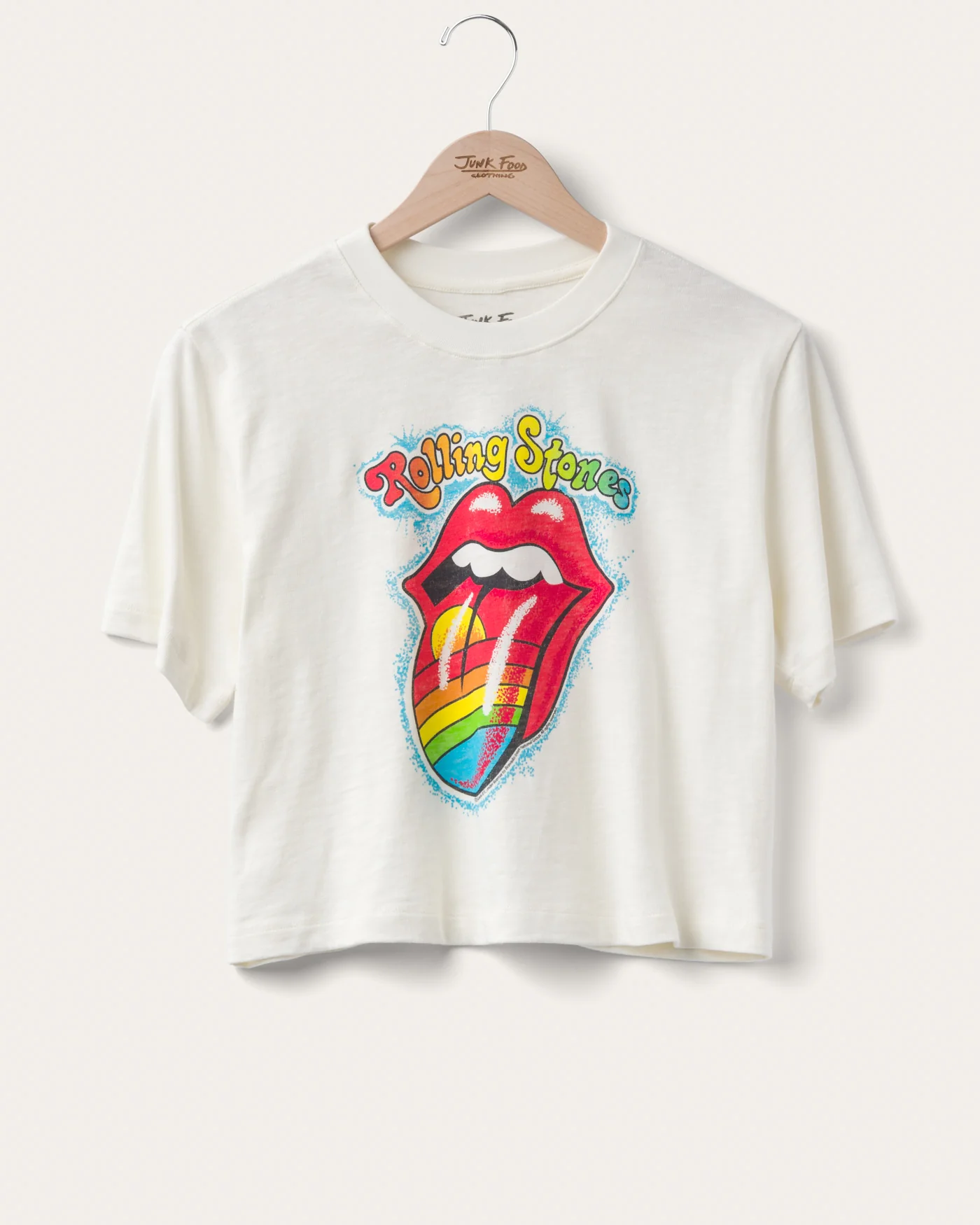 Image of Women's The Rolling Stones Rainbow Hot Lips Mock Neck Crop Tee