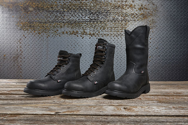 Three Justin Stampede work boots in black.