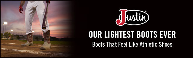 A baseball player wearing Justing western boots. Justin Logo. Our Lightest Boots Ever. Boots That Feel Like Athletic Shoes