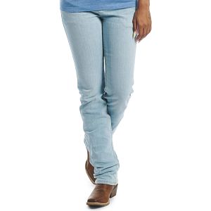 High Rise Straight Leg jeans in stone bleach (light blue).