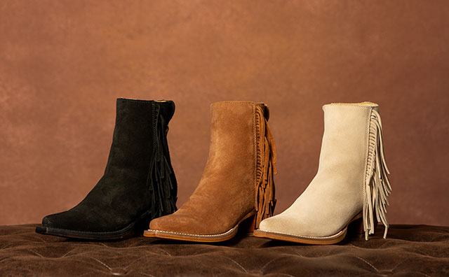 Bev 7" Bootie in black, Bev 7" Bootie in brown ad Bev 7" Bootie in bone (white).
