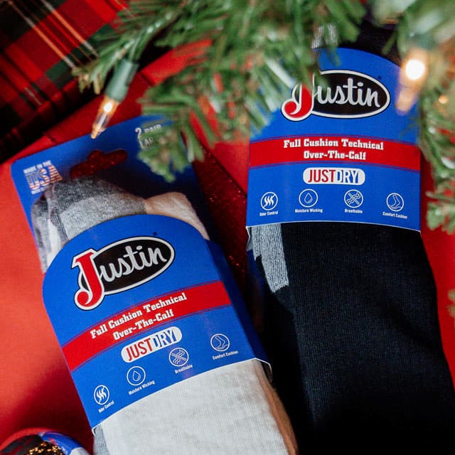 Justin Socks under a Christmas tree.