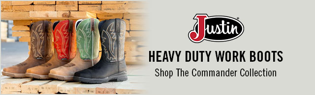 A group of Cammnder Work Boots. Justin Logo. Heavy Duty Work Boots. Shop The Commander Collection.