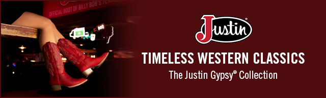 A women wearing Justin Gypsy boots. Justin Logo. Timeless Western Classics. The Justin Gypsy® Collection. 