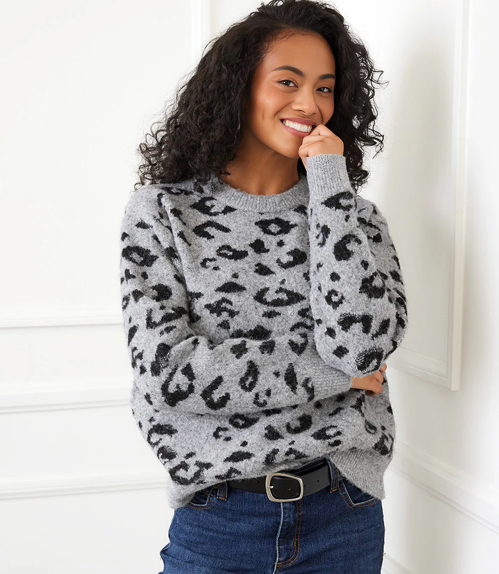 Image of Metallic Animal Print Crewneck Sweater