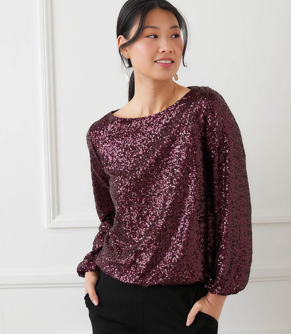 Image of Blouson Sleeve Sequin Boatneck Top
