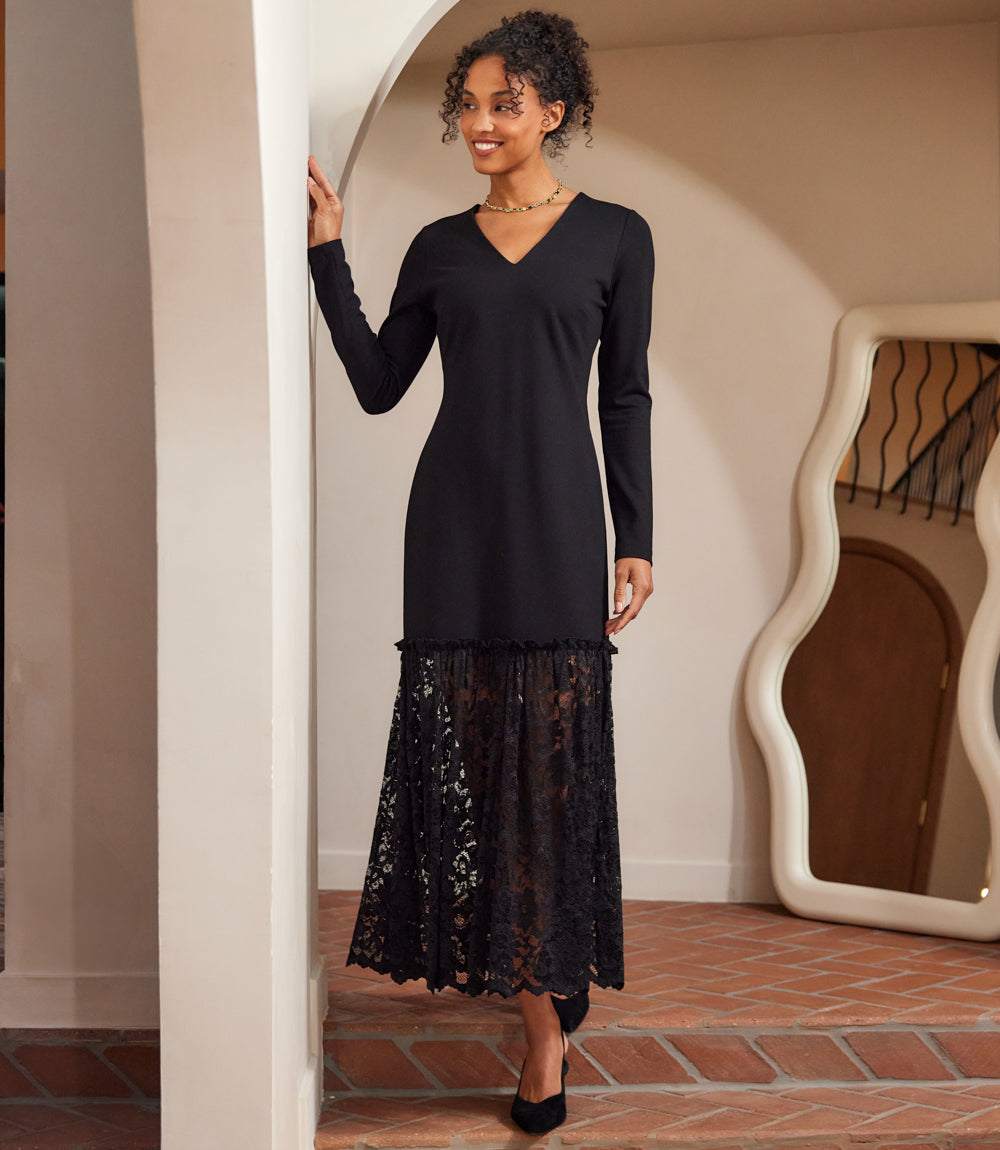 Image of Long Sleeve Contrast Lace V-Neck Column Dress