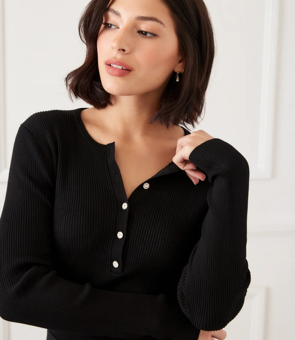 Image of Henley Ribbed Crewneck Sweater