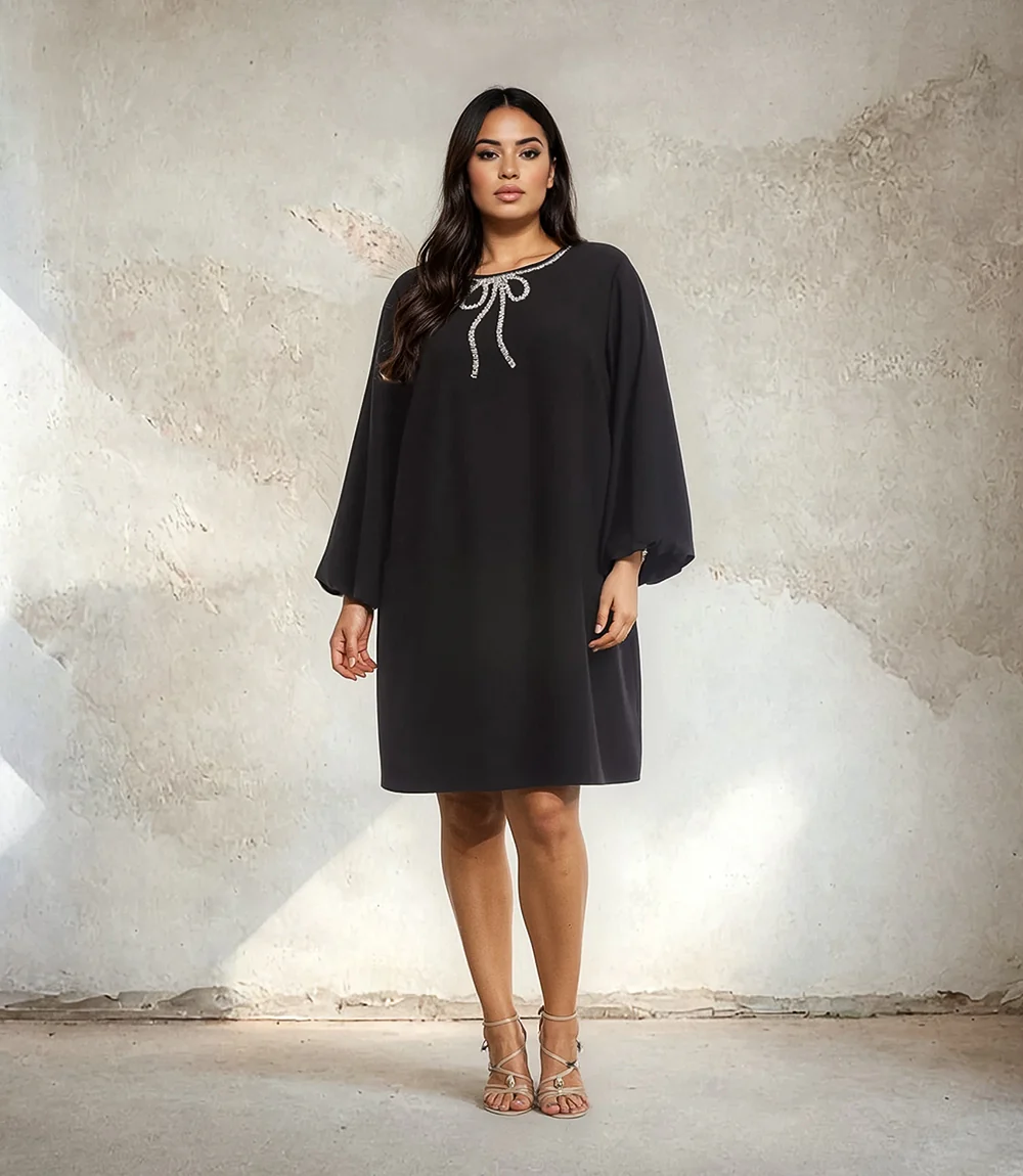 Image of Plus Size Puff Sleeve Embellished Bow Shift Dress