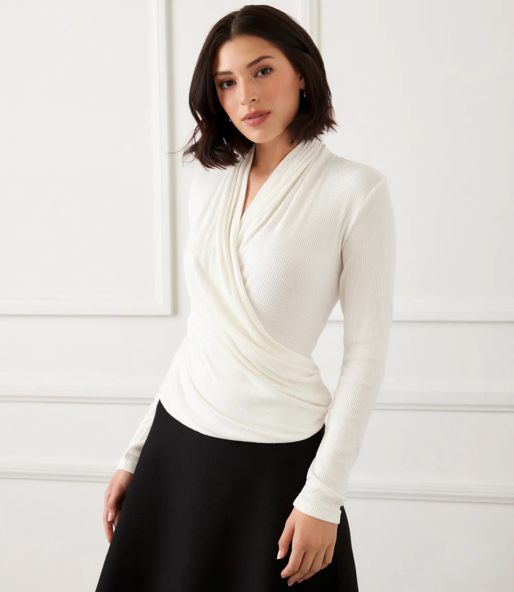 Image of Long Sleeve Ribbed Drape Front Crossover Top