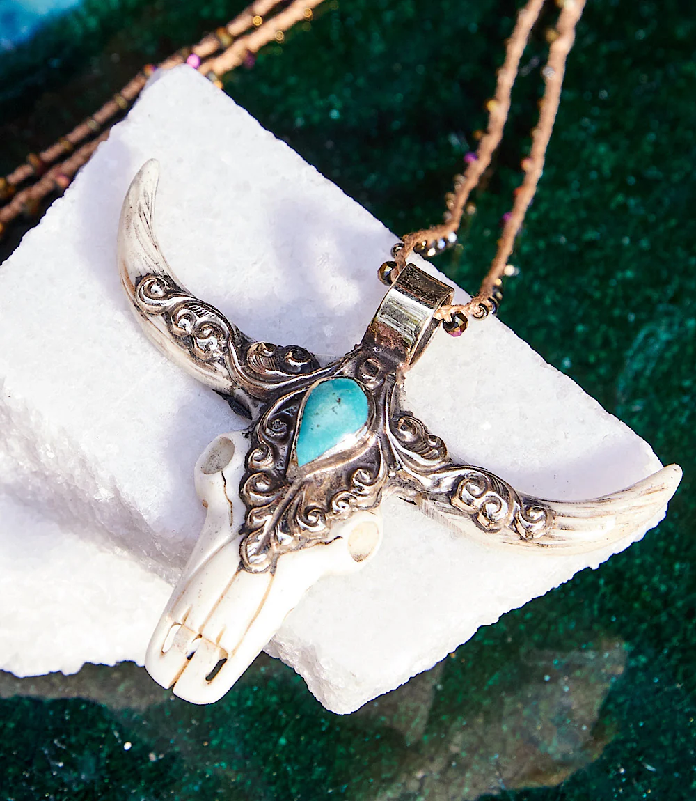 Image of Sterling Silver Longhorn Carved Bone Necklace