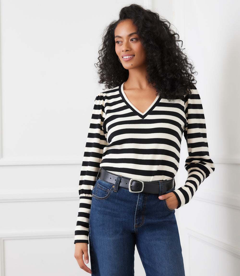 Image of Stripe Bishop Sleeve V-Neck Top