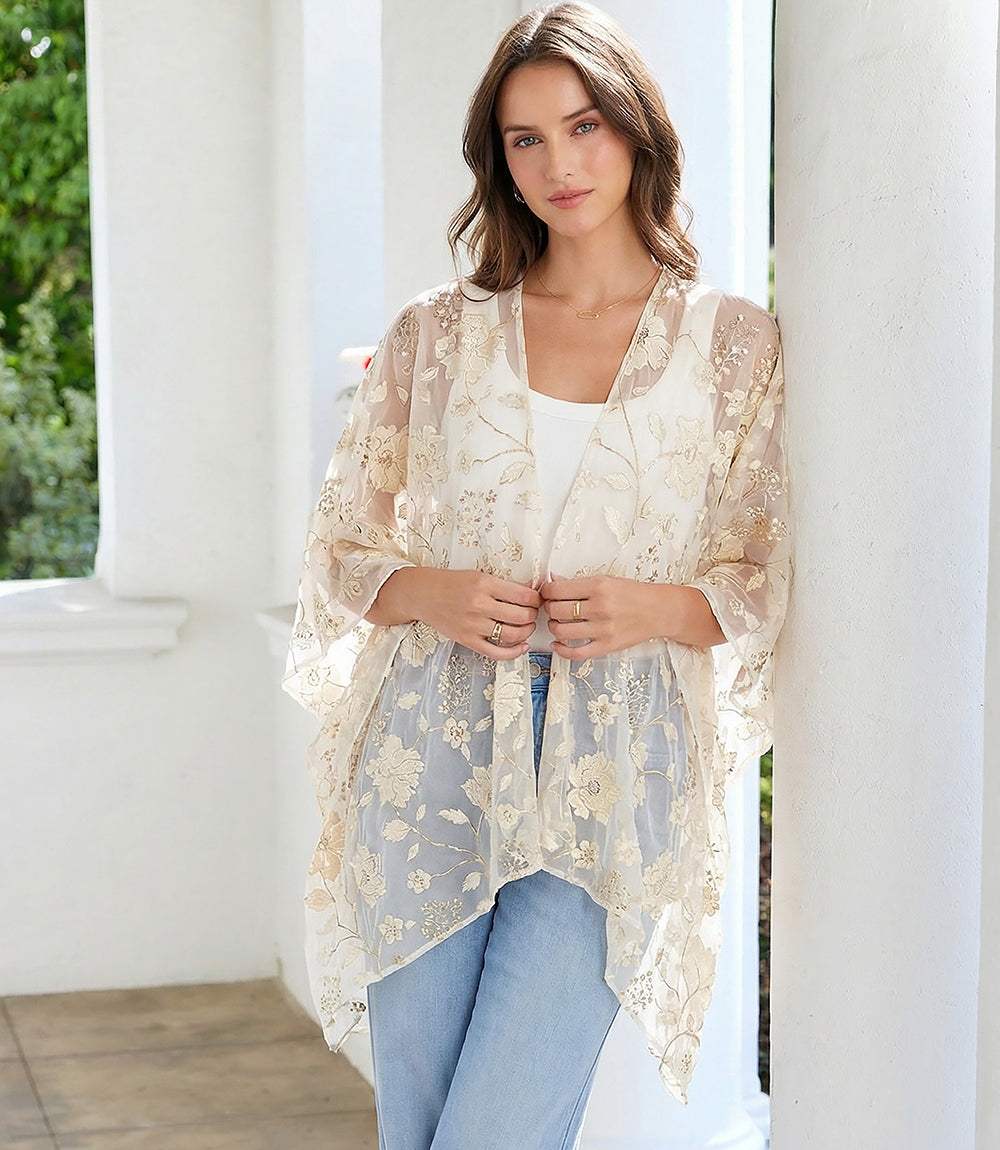 Image of Floral Embroidered Open Front Jacket