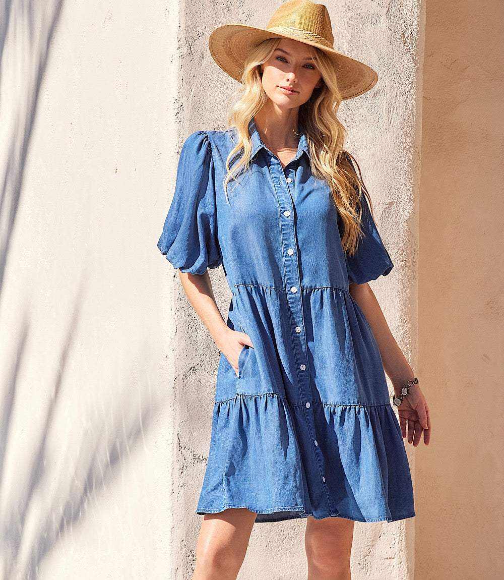Image of Puff Sleeve Tiered Shirtdress