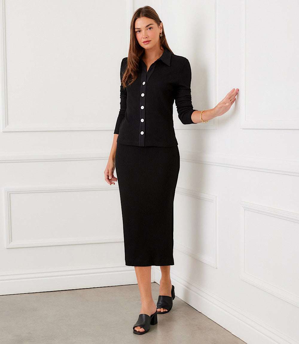 Image of Ribbed Side-Slit Midi Skirt