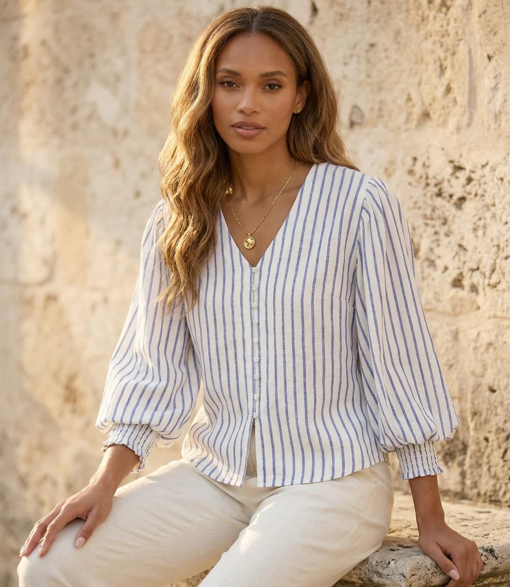 Image of Stripe Layered Sleeve Shirred Blouse