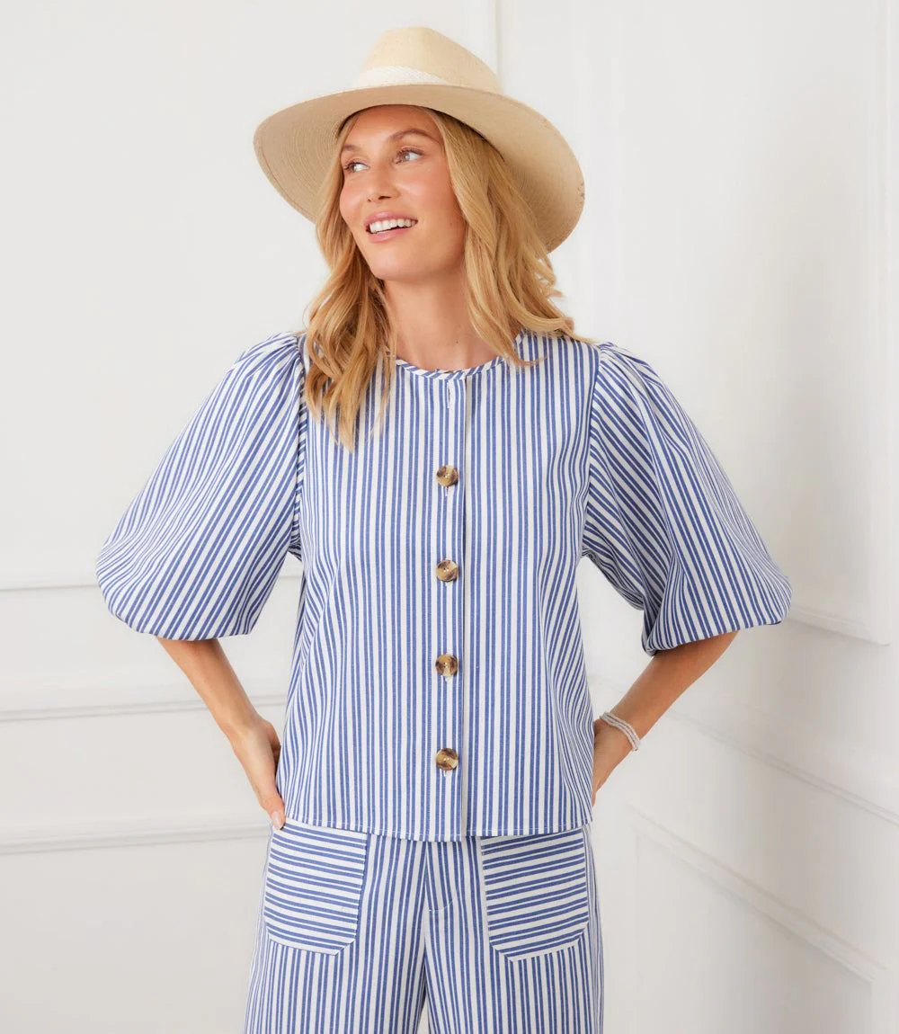 Image of Stripe Puff Sleeve Button Front Top