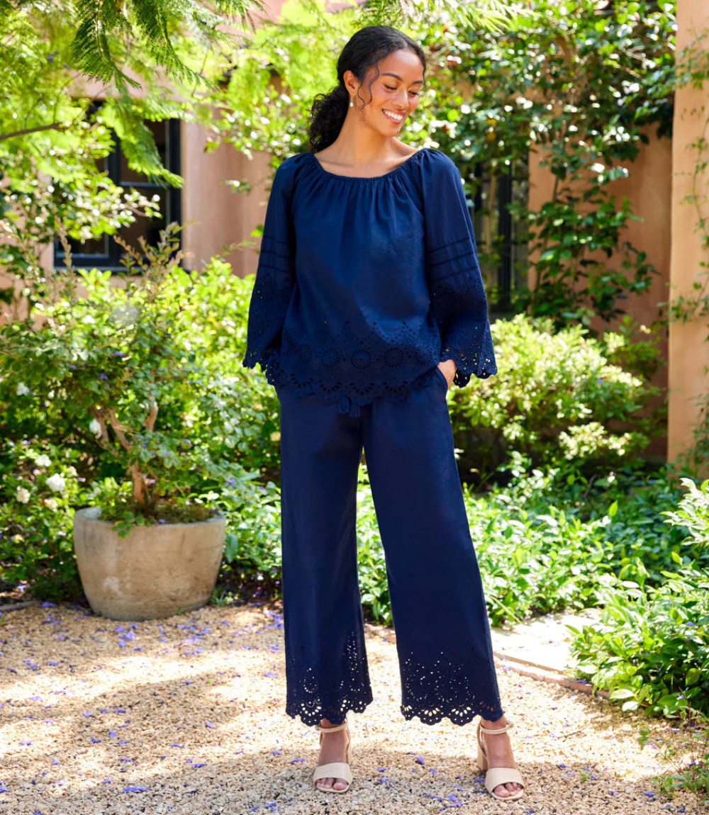 Image of Flare Sleeve Embroidered Scallop Edge Peasant Top