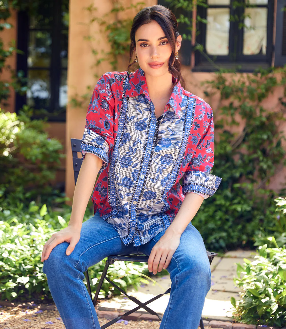 Image of Ruched Sleeve Border Print Shirt