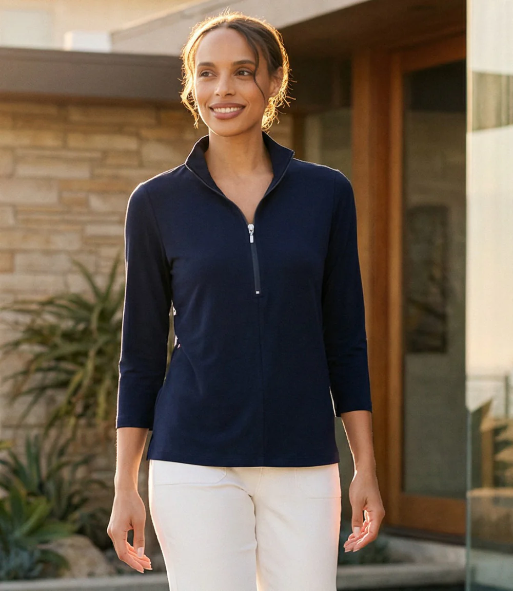 Image of 3/4 Sleeve Zip-Up Travel Jersey Top