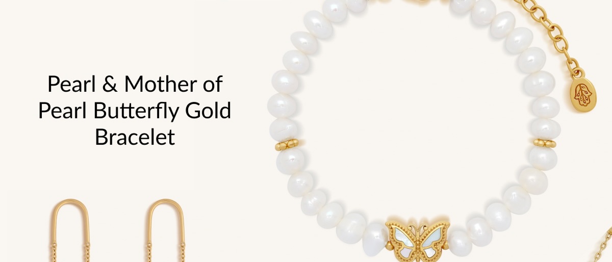 Pearl & Mother of Pearl Butterfly Gold Bracelet