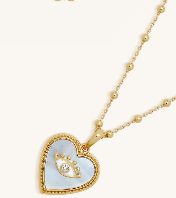 White Mother of Pearl Heart & Evil Eye Gold Necklace