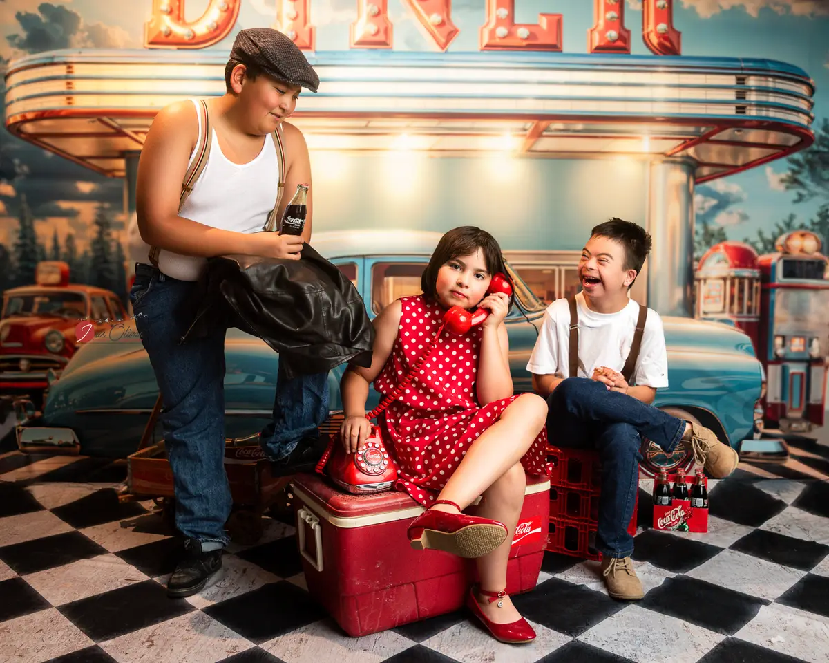 Kate Retro Diner Vintage Car Blue Backdrop+Rusty Backdrop Black Dirty White Grid Floor Backdrop