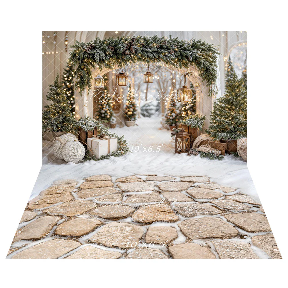 Kate Christmas Arch Garland Snow Trees Backdrop+Winter Cobblestone Snow Floor Backdrop