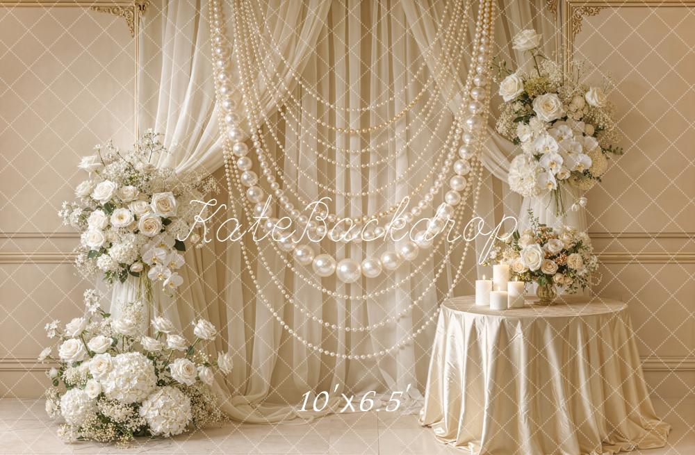 Kate Mother's Day Pearl Garland Floral Elegant Wedding Printed Backdrop Designed by Emetselch