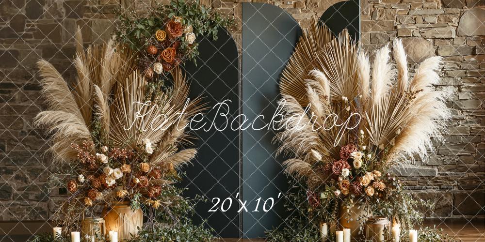 Kate Mother's Day Boho Pampas Grass Dried Flowers Stone Wall Printed Backdrop Designed by Emetselch